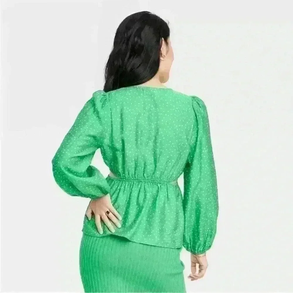 Trendy Women’s Puff Long Sleeve V-neck Top Green White Polka Dots w cutouts Sz M - Picture 4 of 8